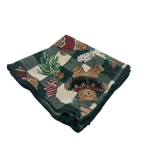 Christmas Teddy Bears Pine Mittens Checkerboard Fabric Napkin 16x16 Set of 4 - Picture 1 of 6